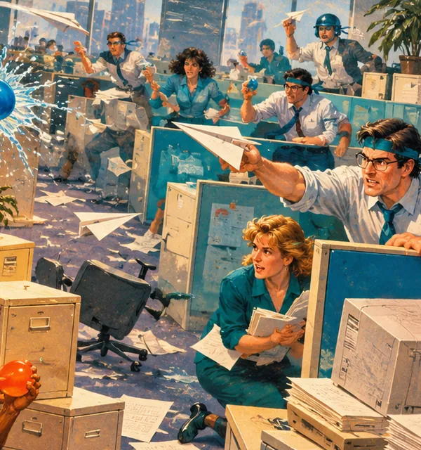 Promotional concept artwork of a retro office battle.